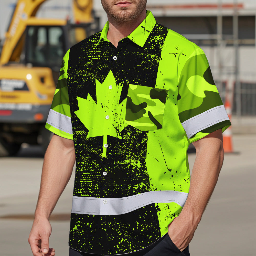 Hi Vis Hawaiian Shirt Reflective Tapes Green Neon Canada Flag 2 Custom Name Safety Workwear For Workers, Truckers, Operators, Canadian