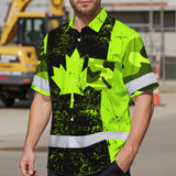 Hi Vis Hawaiian Shirt Reflective Tapes Green Neon Canada Flag 2 Custom Name Safety Workwear For Workers, Truckers, Operators, Canadian