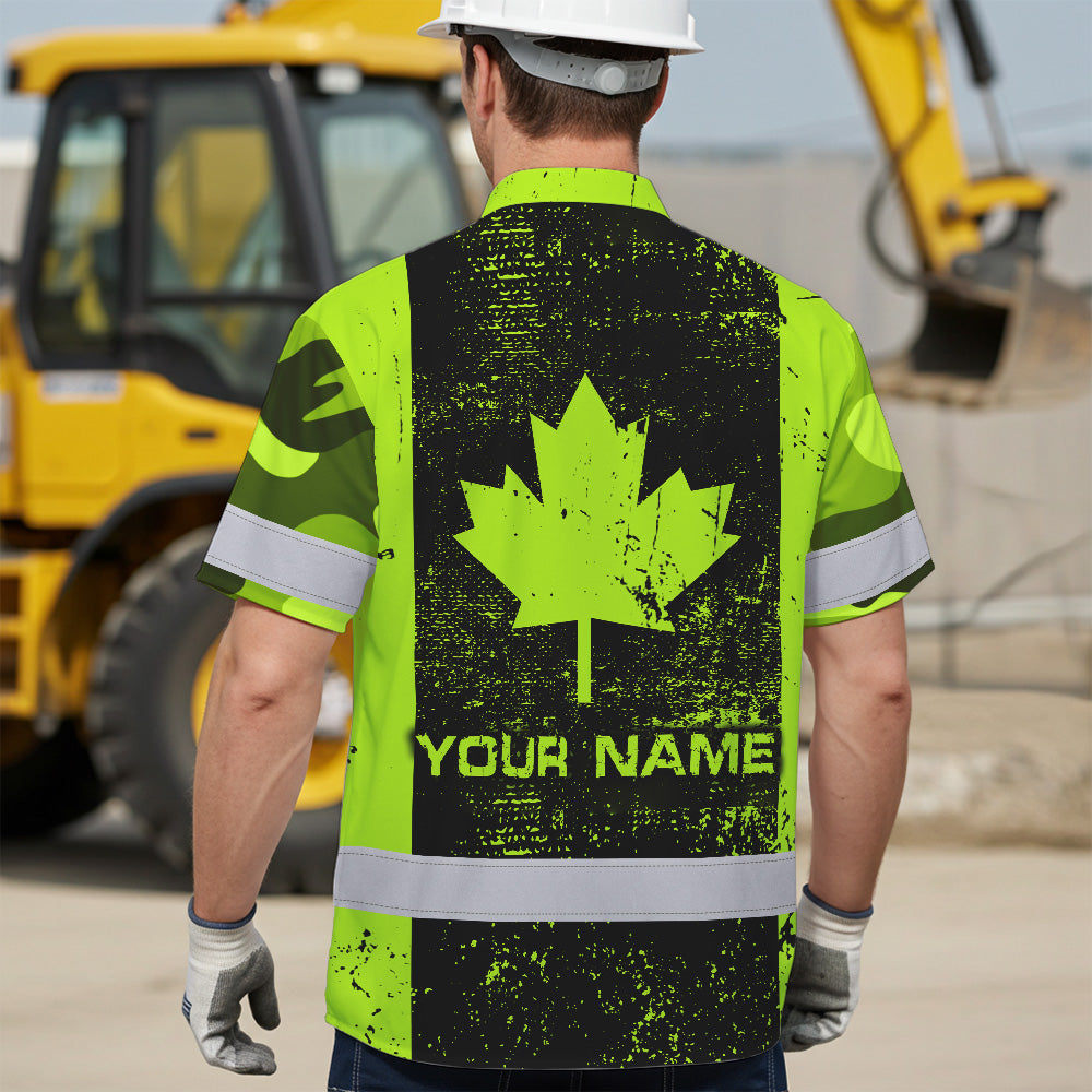 Hi Vis Hawaiian Shirt Reflective Tapes Green Neon Canada Flag 2 Custom Name Safety Workwear For Workers, Truckers, Operators, Canadian