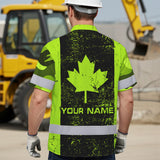 Hi Vis Hawaiian Shirt Reflective Tapes Green Neon Canada Flag 2 Custom Name Safety Workwear For Workers, Truckers, Operators, Canadian