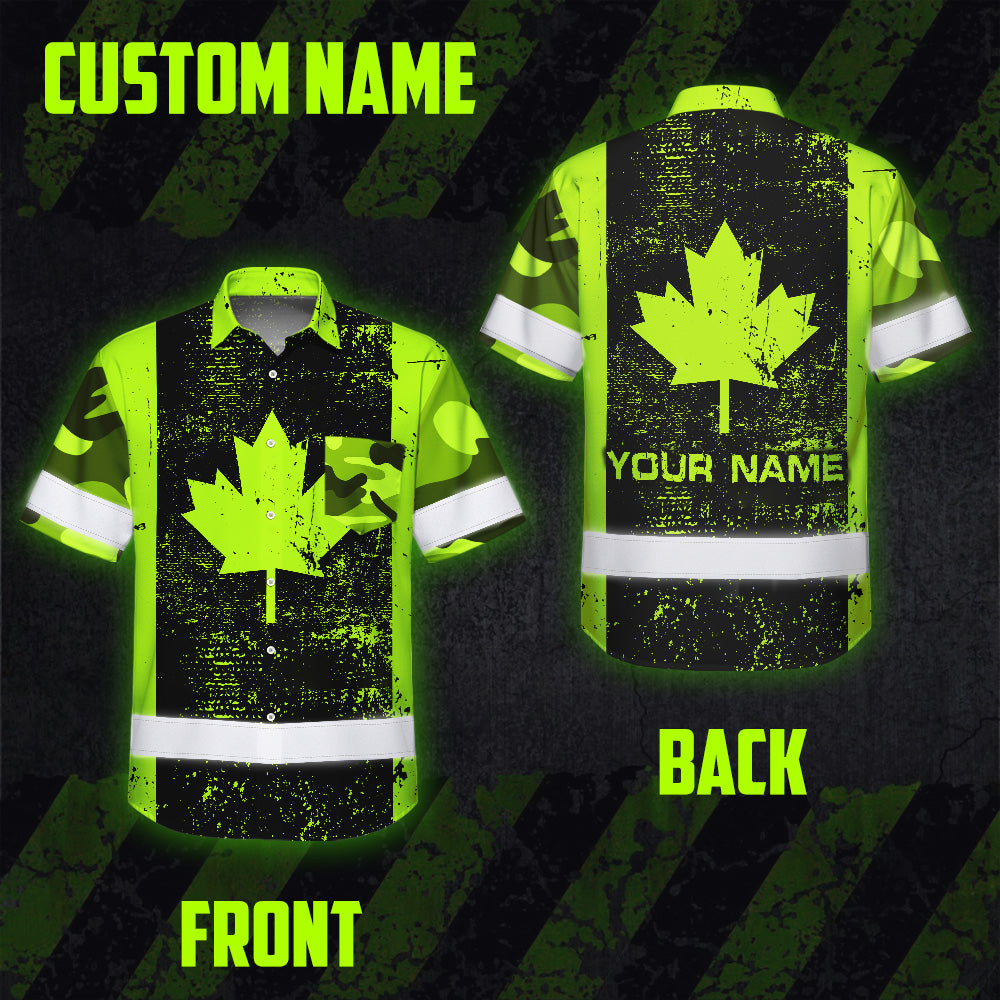 Hi Vis Hawaiian Shirt Reflective Tapes Green Neon Canada Flag 2 Custom Name Safety Workwear For Workers, Truckers, Operators, Canadian