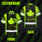 Hi Vis Hawaiian Shirt Reflective Tapes Green Neon Canada Flag 2 Custom Name Safety Workwear For Workers, Truckers, Operators, Canadian