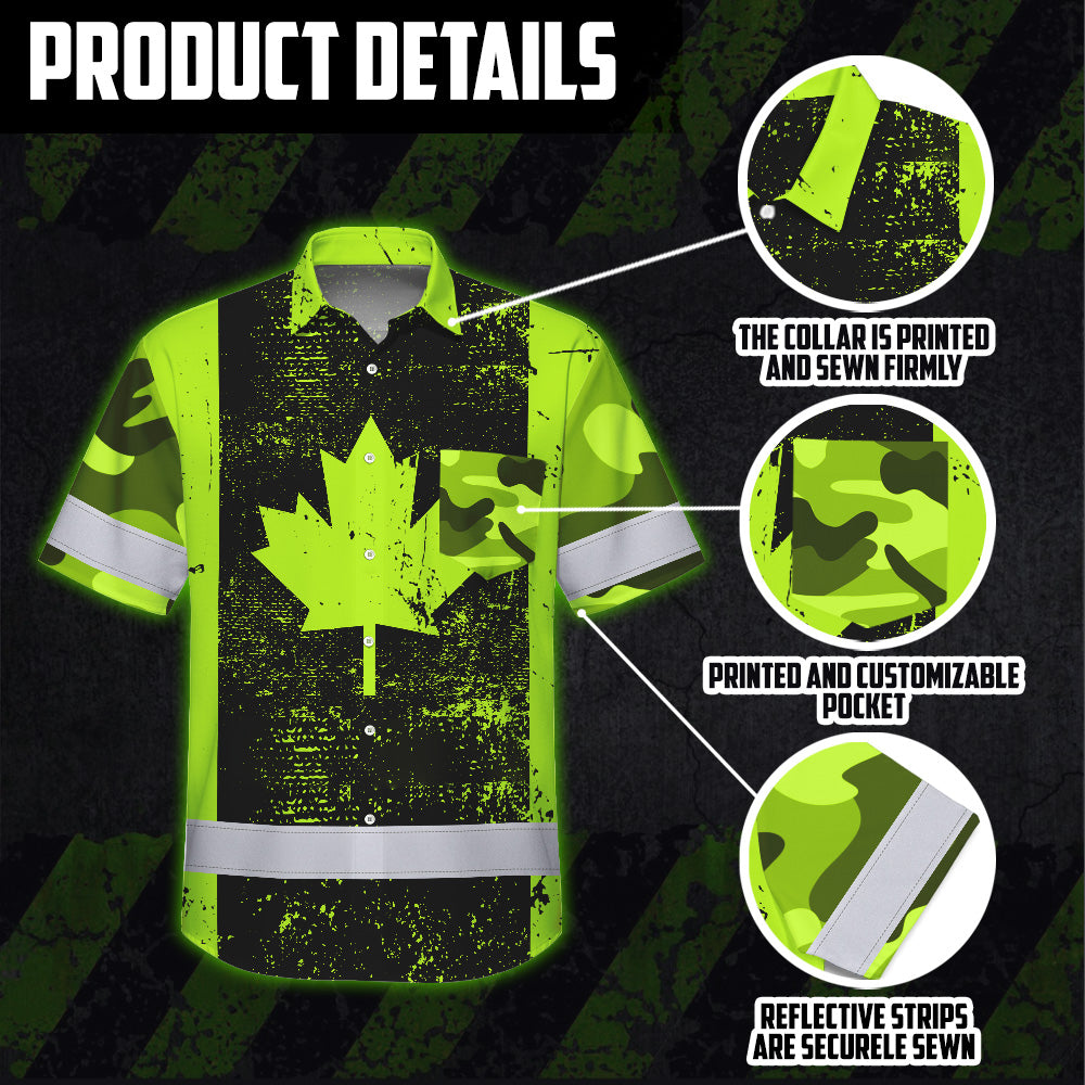 Hi Vis Hawaiian Shirt Reflective Tapes Green Neon Canada Flag 2 Custom Name Safety Workwear For Workers, Truckers, Operators, Canadian