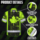 Hi Vis Hawaiian Shirt Reflective Tapes Green Neon Canada Flag 2 Custom Name Safety Workwear For Workers, Truckers, Operators, Canadian