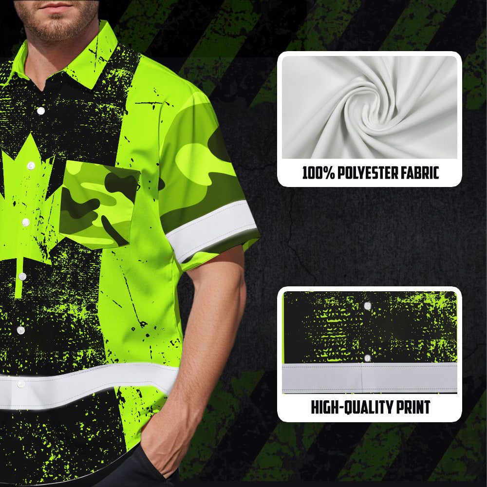Hi Vis Hawaiian Shirt Reflective Tapes Green Neon Canada Flag 2 Custom Name Safety Workwear For Workers, Truckers, Operators, Canadian