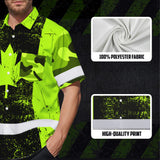Hi Vis Hawaiian Shirt Reflective Tapes Green Neon Canada Flag 2 Custom Name Safety Workwear For Workers, Truckers, Operators, Canadian