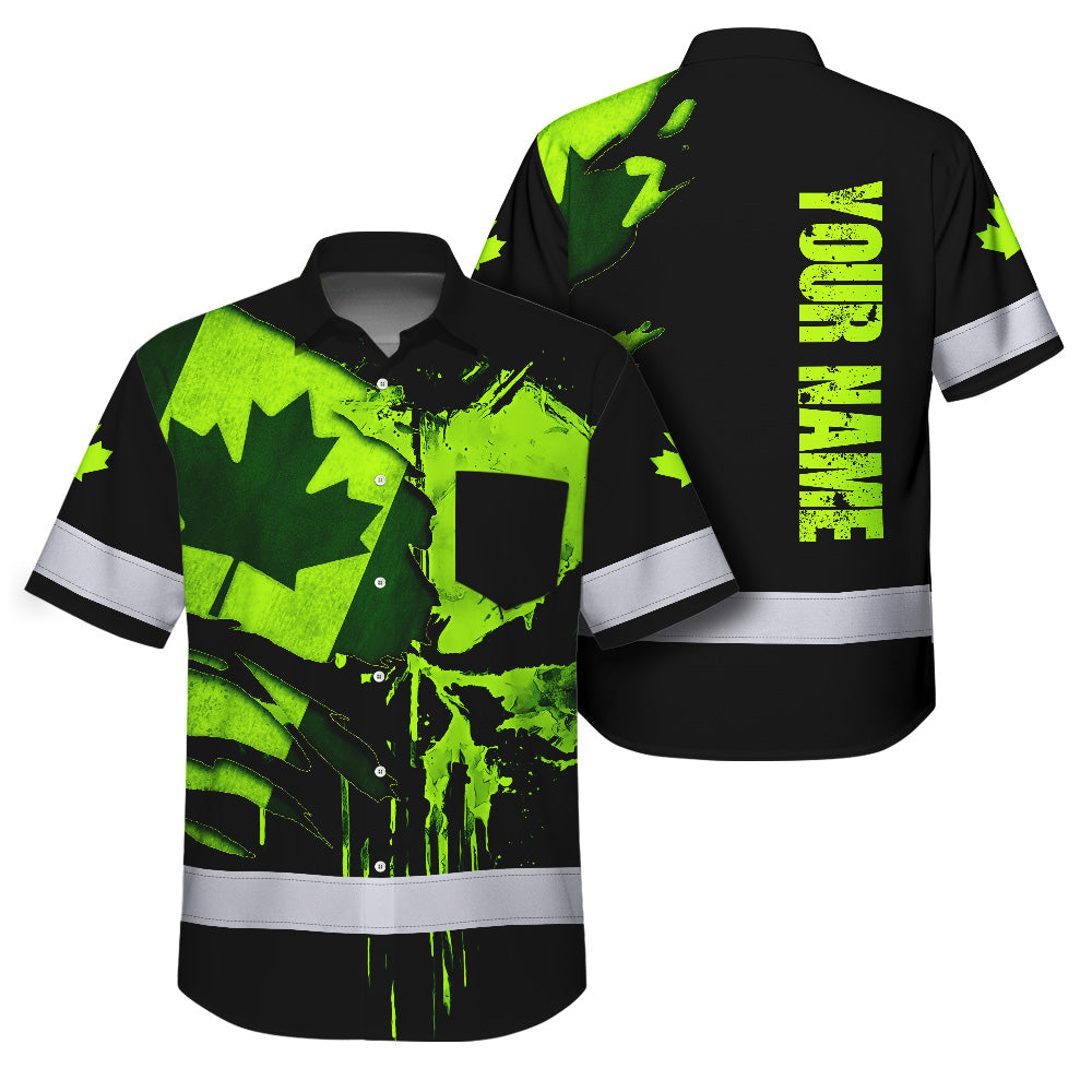Hi Vis Hawaiian Shirt Reflective Tapes Green Skull And CA Flag Custom Name Safety Workwear For Workers, Truckers, Operators, Canadian