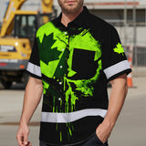 Hi Vis Hawaiian Shirt Reflective Tapes Green Skull And CA Flag Custom Name Safety Workwear For Workers, Truckers, Operators, Canadian