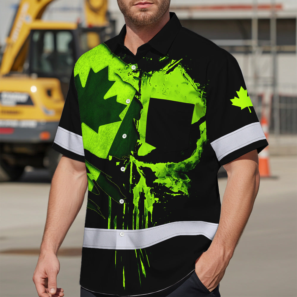 Hi Vis Hawaiian Shirt Reflective Tapes Green Skull And CA Flag Custom Name Safety Workwear For Workers, Truckers, Operators, Canadian