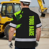 Hi Vis Hawaiian Shirt Reflective Tapes Green Skull And CA Flag Custom Name Safety Workwear For Workers, Truckers, Operators, Canadian