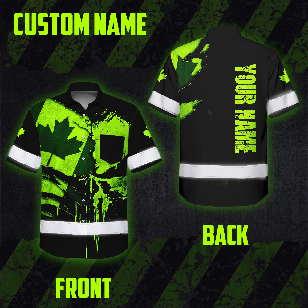 Hi Vis Hawaiian Shirt Reflective Tapes Green Skull And CA Flag Custom Name Safety Workwear For Workers, Truckers, Operators, Canadian