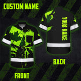 Hi Vis Hawaiian Shirt Reflective Tapes Green Skull And CA Flag Custom Name Safety Workwear For Workers, Truckers, Operators, Canadian