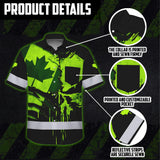 Hi Vis Hawaiian Shirt Reflective Tapes Green Skull And CA Flag Custom Name Safety Workwear For Workers, Truckers, Operators, Canadian