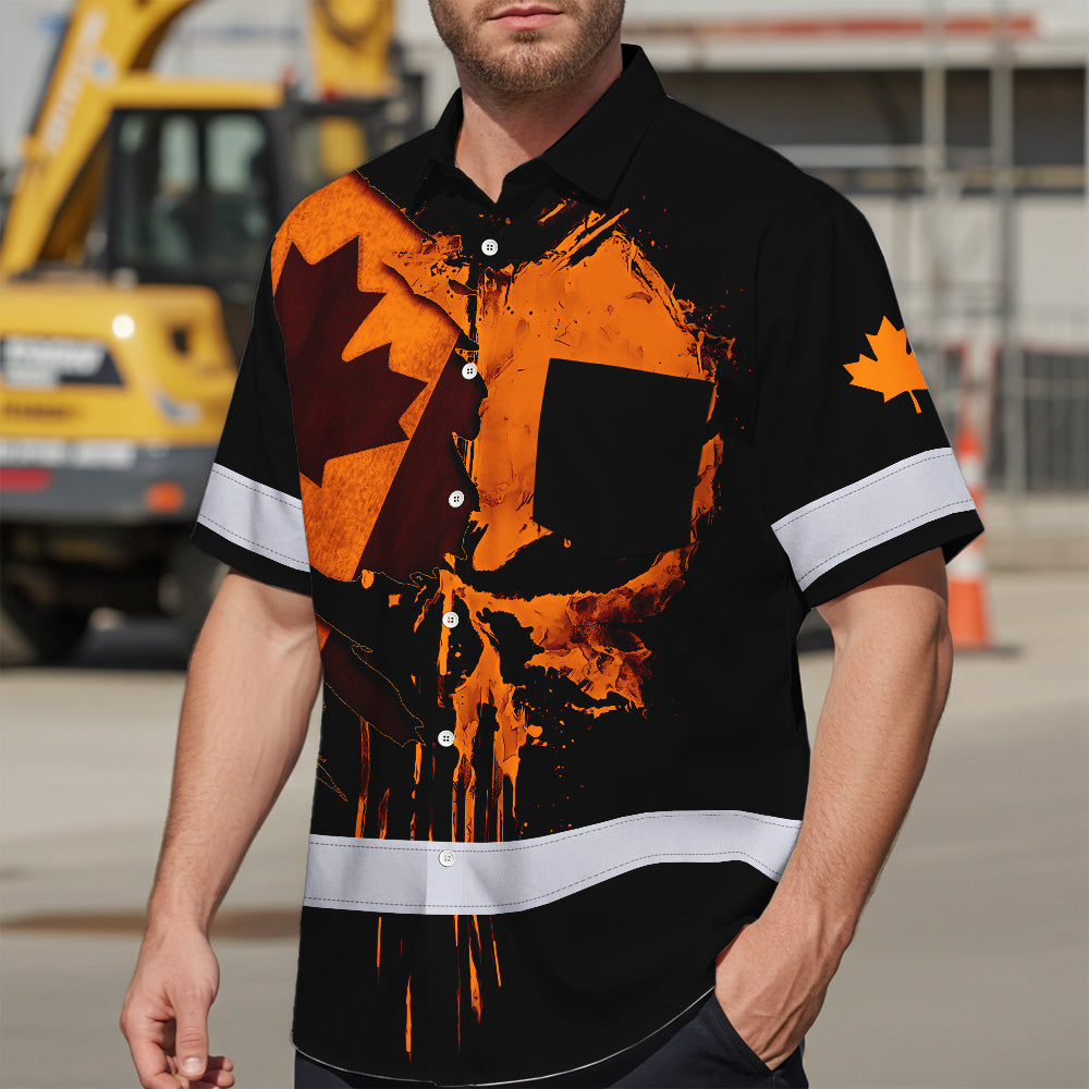Hi Vis Hawaiian Shirt Reflective Tapes Orange Skull And CA Flag Custom Name Safety Workwear For Workers, Truckers, Operators, Canadian