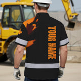 Hi Vis Hawaiian Shirt Reflective Tapes Orange Skull And CA Flag Custom Name Safety Workwear For Workers, Truckers, Operators, Canadian