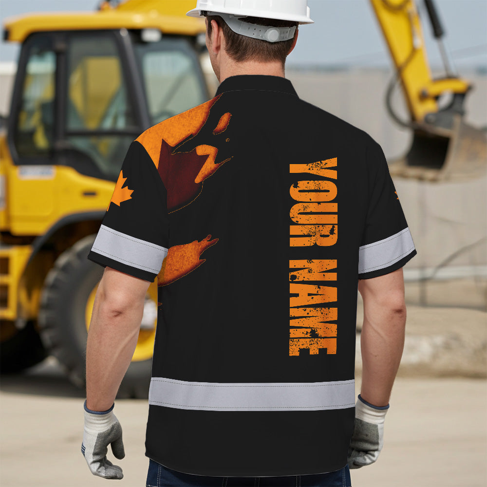 Hi Vis Hawaiian Shirt Reflective Tapes Orange Skull And CA Flag Custom Name Safety Workwear For Workers, Truckers, Operators, Canadian