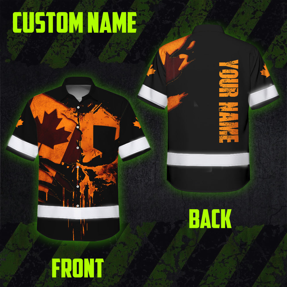 Hi Vis Hawaiian Shirt Reflective Tapes Orange Skull And CA Flag Custom Name Safety Workwear For Workers, Truckers, Operators, Canadian