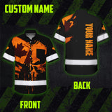 Hi Vis Hawaiian Shirt Reflective Tapes Orange Skull And CA Flag Custom Name Safety Workwear For Workers, Truckers, Operators, Canadian
