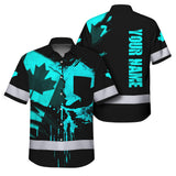 Hi Vis Hawaiian Shirt Reflective Tapes Blue Skull And CA Flag Custom Name Safety Workwear For Workers, Truckers, Operators, Canadian