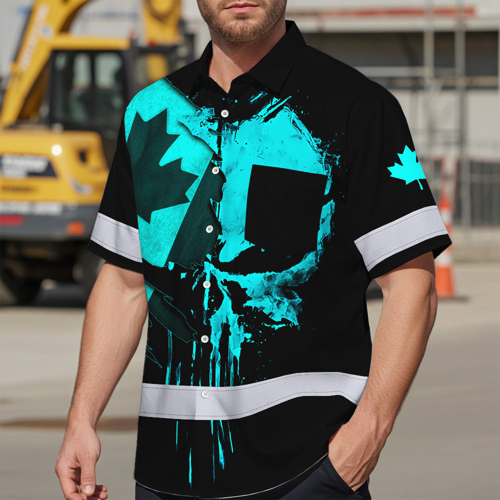 Hi Vis Hawaiian Shirt Reflective Tapes Blue Skull And CA Flag Custom Name Safety Workwear For Workers, Truckers, Operators, Canadian