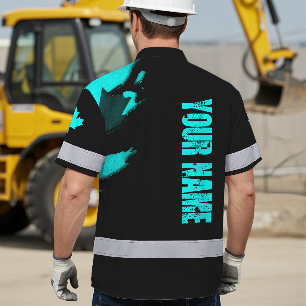 Hi Vis Hawaiian Shirt Reflective Tapes Blue Skull And CA Flag Custom Name Safety Workwear For Workers, Truckers, Operators, Canadian