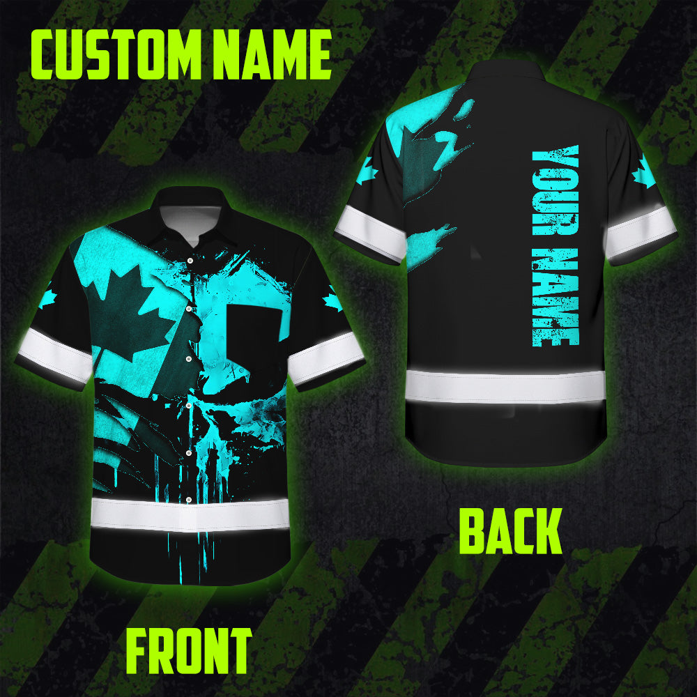 Hi Vis Hawaiian Shirt Reflective Tapes Blue Skull And CA Flag Custom Name Safety Workwear For Workers, Truckers, Operators, Canadian