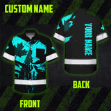 Hi Vis Hawaiian Shirt Reflective Tapes Blue Skull And CA Flag Custom Name Safety Workwear For Workers, Truckers, Operators, Canadian