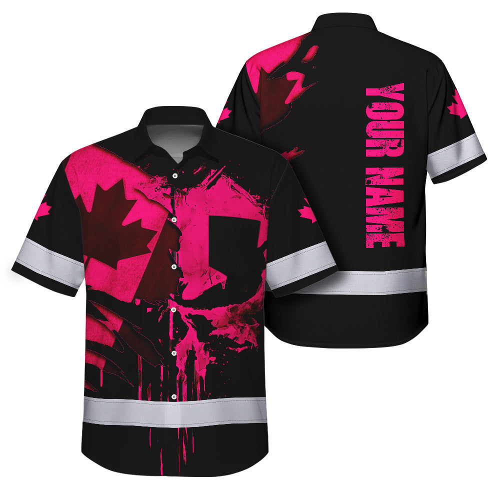 Hi Vis Hawaiian Shirt Reflective Tapes Pink Skull And CA Flag Custom Name Safety Workwear For Workers, Truckers, Operators, Canadian