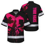Hi Vis Hawaiian Shirt Reflective Tapes Pink Skull And CA Flag Custom Name Safety Workwear For Workers, Truckers, Operators, Canadian
