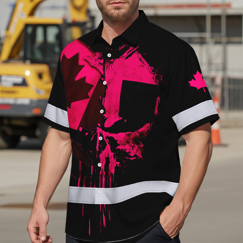 Hi Vis Hawaiian Shirt Reflective Tapes Pink Skull And CA Flag Custom Name Safety Workwear For Workers, Truckers, Operators, Canadian