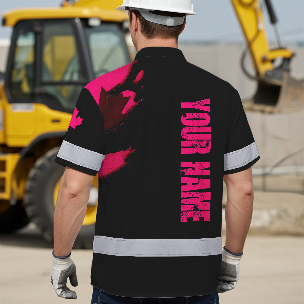 Hi Vis Hawaiian Shirt Reflective Tapes Pink Skull And CA Flag Custom Name Safety Workwear For Workers, Truckers, Operators, Canadian
