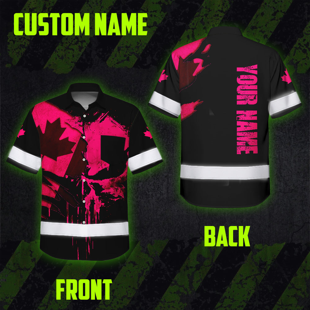 Hi Vis Hawaiian Shirt Reflective Tapes Pink Skull And CA Flag Custom Name Safety Workwear For Workers, Truckers, Operators, Canadian