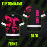 Hi Vis Hawaiian Shirt Reflective Tapes Pink Skull And CA Flag Custom Name Safety Workwear For Workers, Truckers, Operators, Canadian