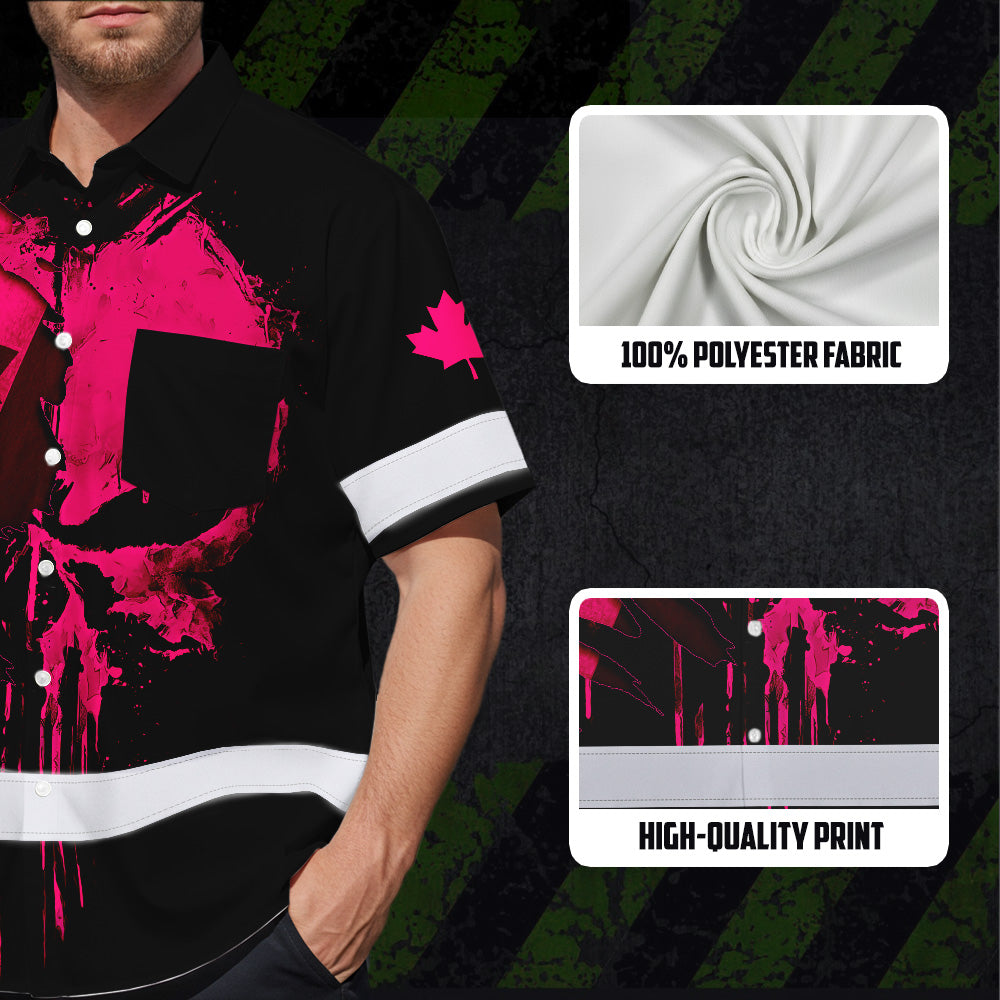 Hi Vis Hawaiian Shirt Reflective Tapes Pink Skull And CA Flag Custom Name Safety Workwear For Workers, Truckers, Operators, Canadian