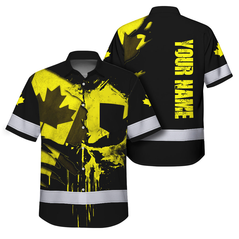 Hi Vis Hawaiian Shirt Reflective Tapes Yellow Skull And CA Flag Custom Name Safety Workwear For Workers, Truckers, Operators, Canadian