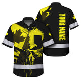 Hi Vis Hawaiian Shirt Reflective Tapes Yellow Skull And CA Flag Custom Name Safety Workwear For Workers, Truckers, Operators, Canadian