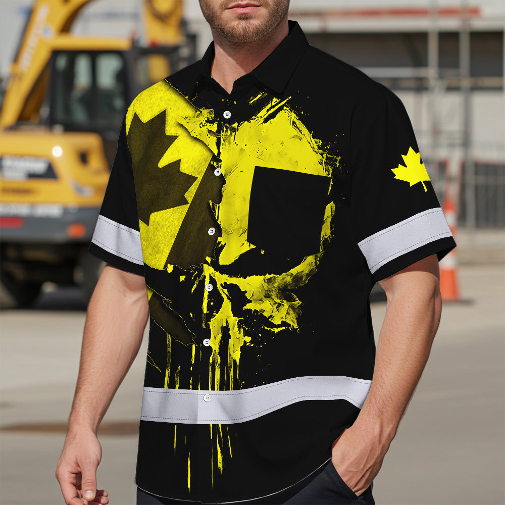 Hi Vis Hawaiian Shirt Reflective Tapes Yellow Skull And CA Flag Custom Name Safety Workwear For Workers, Truckers, Operators, Canadian