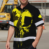 Hi Vis Hawaiian Shirt Reflective Tapes Yellow Skull And CA Flag Custom Name Safety Workwear For Workers, Truckers, Operators, Canadian