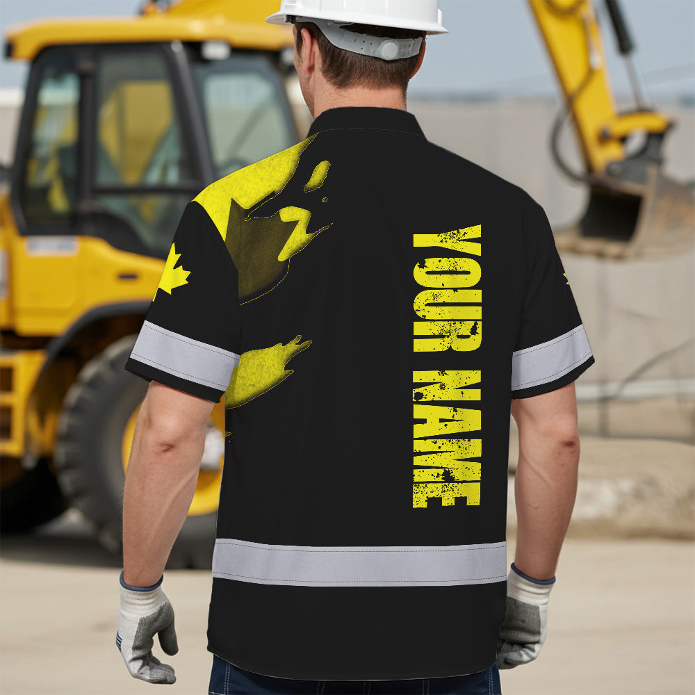 Hi Vis Hawaiian Shirt Reflective Tapes Yellow Skull And CA Flag Custom Name Safety Workwear For Workers, Truckers, Operators, Canadian