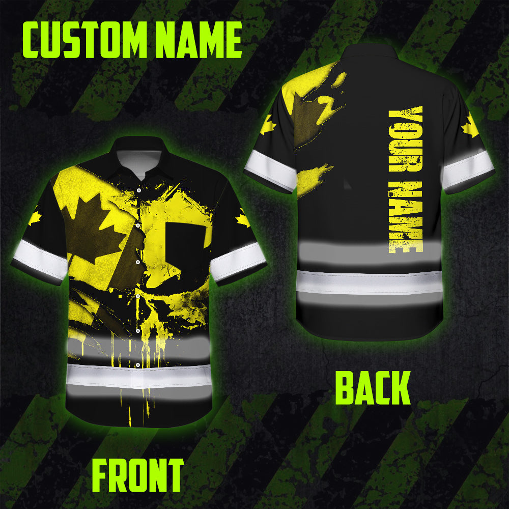 Hi Vis Hawaiian Shirt Reflective Tapes Yellow Skull And CA Flag Custom Name Safety Workwear For Workers, Truckers, Operators, Canadian