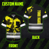 Hi Vis Hawaiian Shirt Reflective Tapes Yellow Skull And CA Flag Custom Name Safety Workwear For Workers, Truckers, Operators, Canadian
