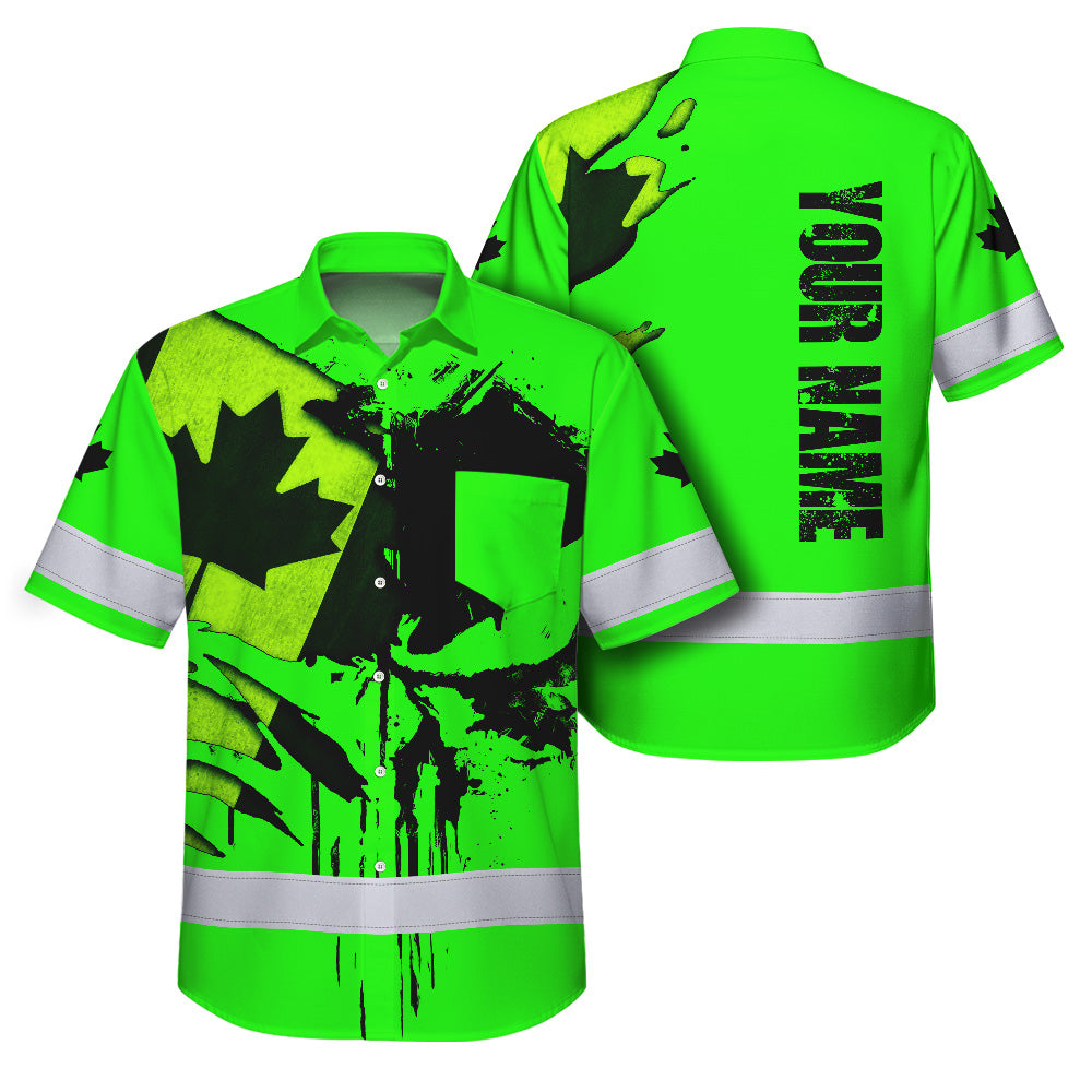 Hi Vis Hawaiian Shirt Reflective Tapes Black Green Skull And CA Flag Custom Name Safety Workwear For Workers, Truckers, Operators, Canadian
