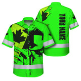 Hi Vis Hawaiian Shirt Reflective Tapes Black Green Skull And CA Flag Custom Name Safety Workwear For Workers, Truckers, Operators, Canadian