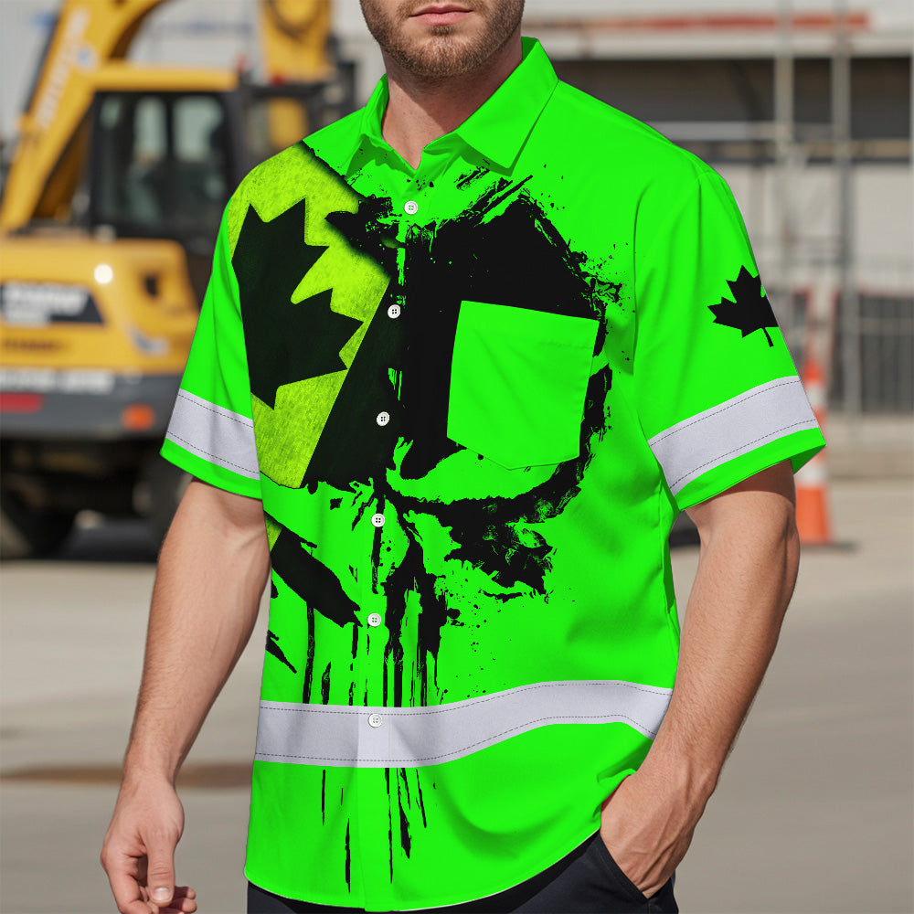 Hi Vis Hawaiian Shirt Reflective Tapes Black Green Skull And CA Flag Custom Name Safety Workwear For Workers, Truckers, Operators, Canadian