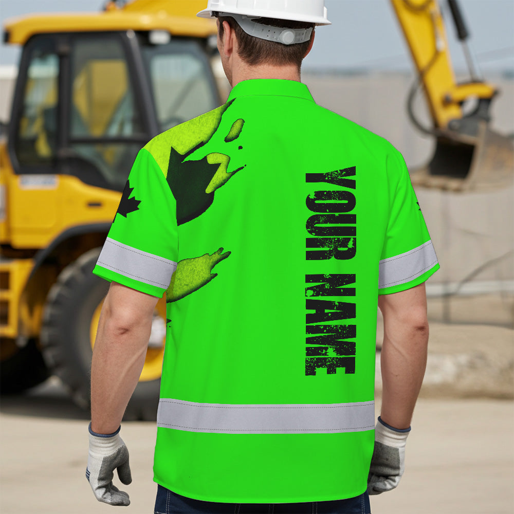 Hi Vis Hawaiian Shirt Reflective Tapes Black Green Skull And CA Flag Custom Name Safety Workwear For Workers, Truckers, Operators, Canadian
