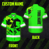 Hi Vis Hawaiian Shirt Reflective Tapes Black Green Skull And CA Flag Custom Name Safety Workwear For Workers, Truckers, Operators, Canadian
