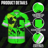 Hi Vis Hawaiian Shirt Reflective Tapes Black Green Skull And CA Flag Custom Name Safety Workwear For Workers, Truckers, Operators, Canadian