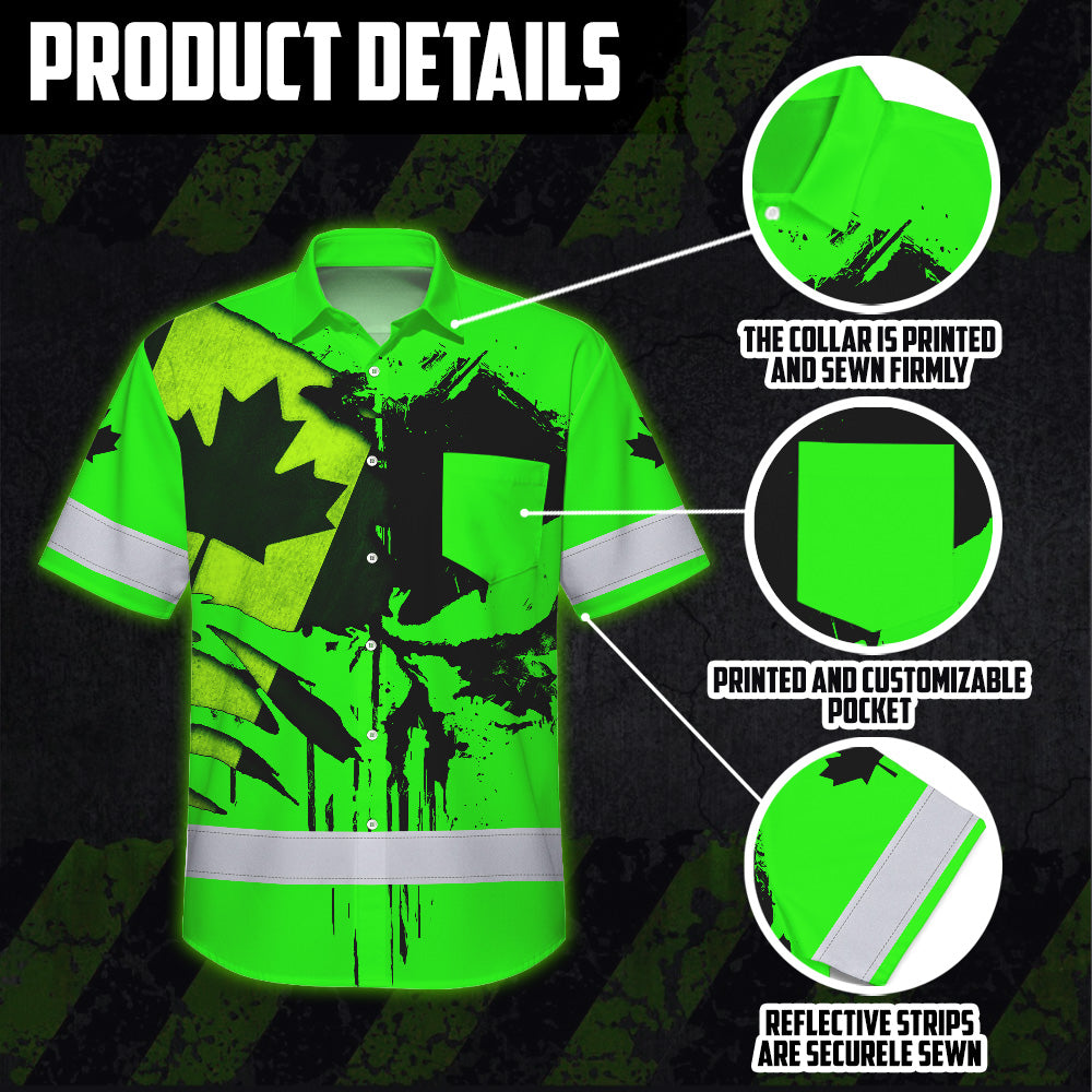 Hi Vis Hawaiian Shirt Reflective Tapes Black Green Skull And CA Flag Custom Name Safety Workwear For Workers, Truckers, Operators, Canadian