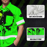 Hi Vis Hawaiian Shirt Reflective Tapes Black Green Skull And CA Flag Custom Name Safety Workwear For Workers, Truckers, Operators, Canadian