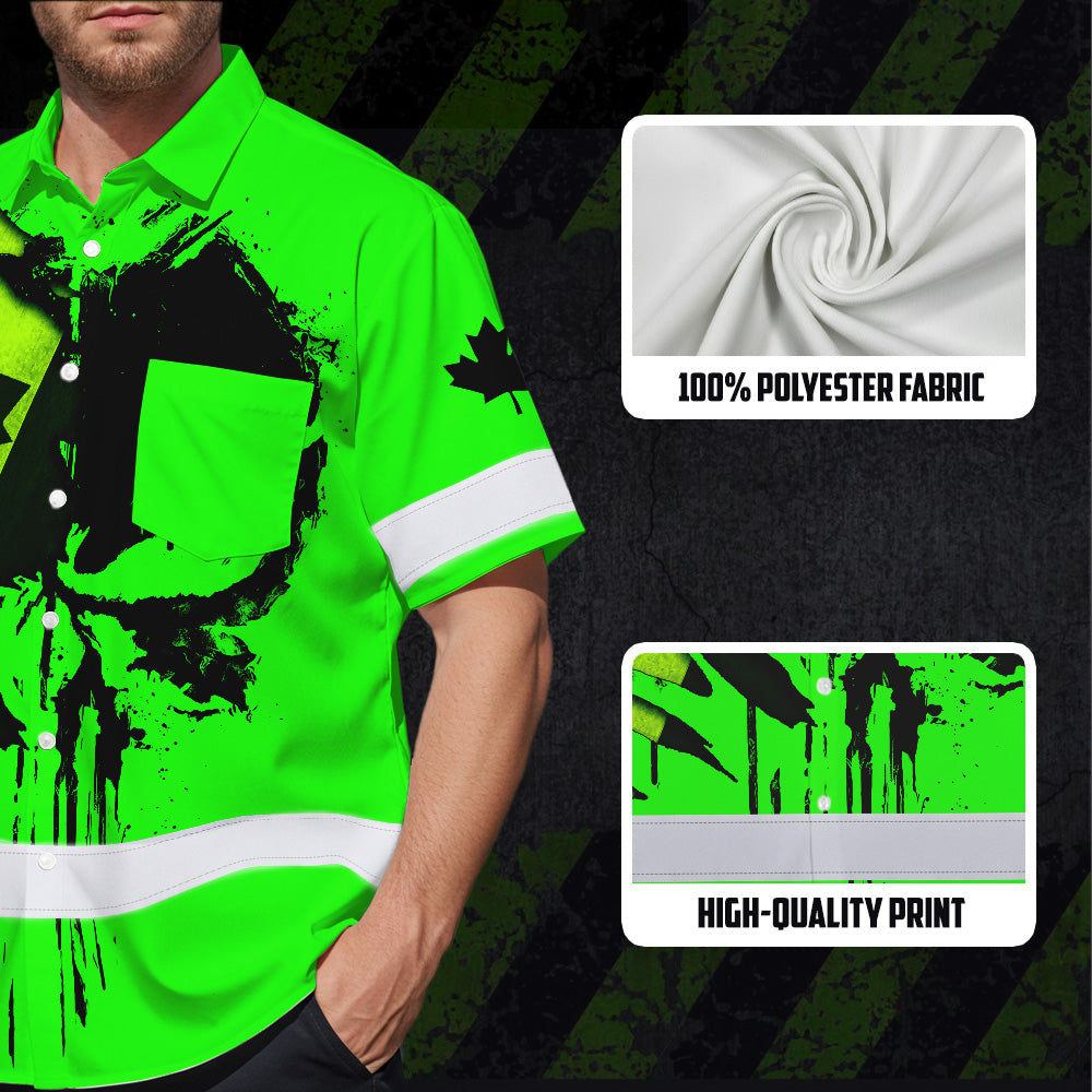 Hi Vis Hawaiian Shirt Reflective Tapes Black Green Skull And CA Flag Custom Name Safety Workwear For Workers, Truckers, Operators, Canadian